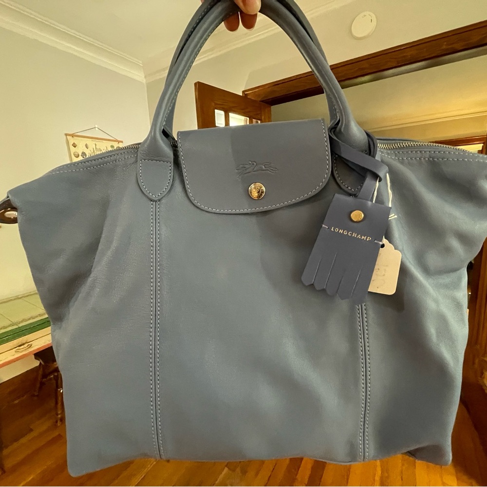 Longchamp Le Pliage Cuir Blue Leather Tote Bag